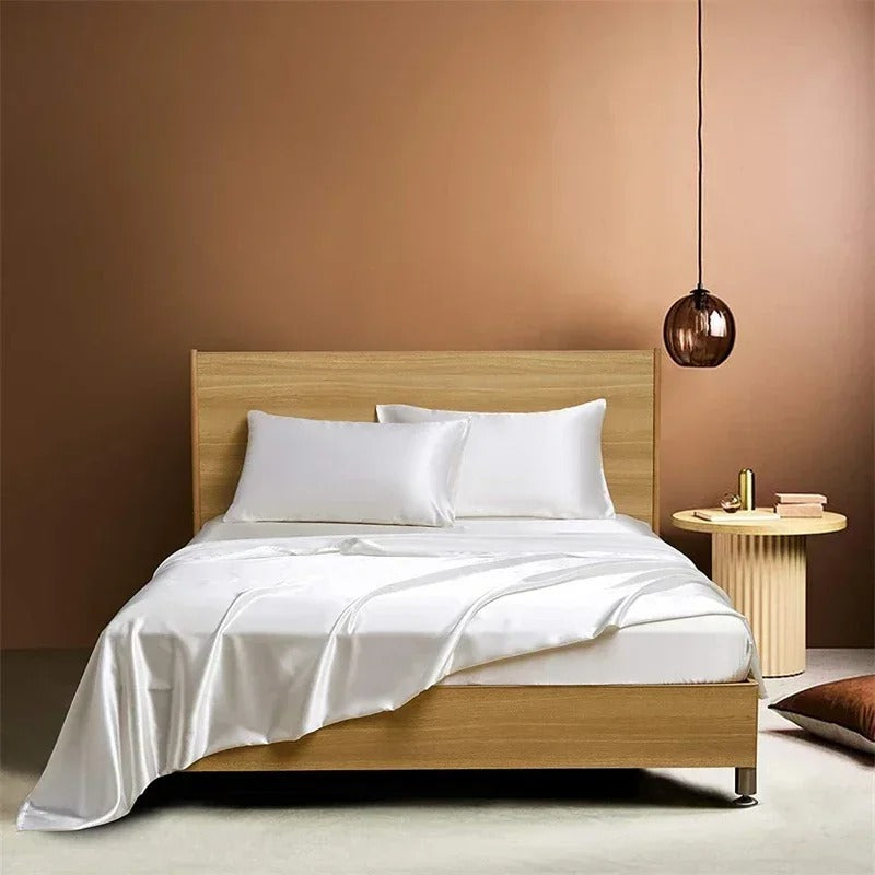 Bedroom with wooden bed, white bedding, and a side table against a brown wall.