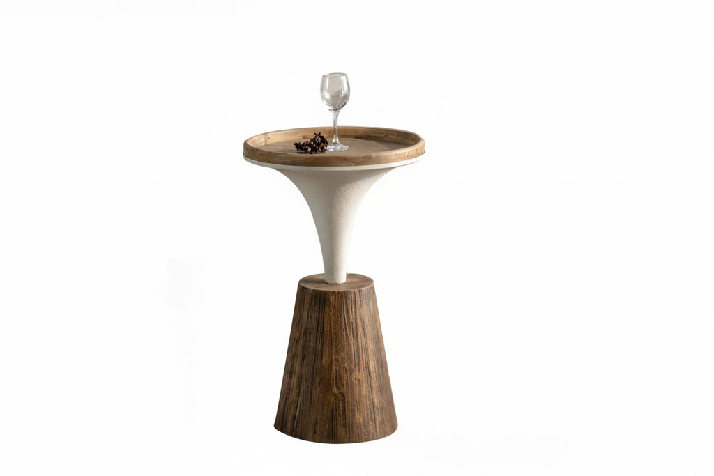 Modern side table with wooden base and white top, featuring a glass of wine.
