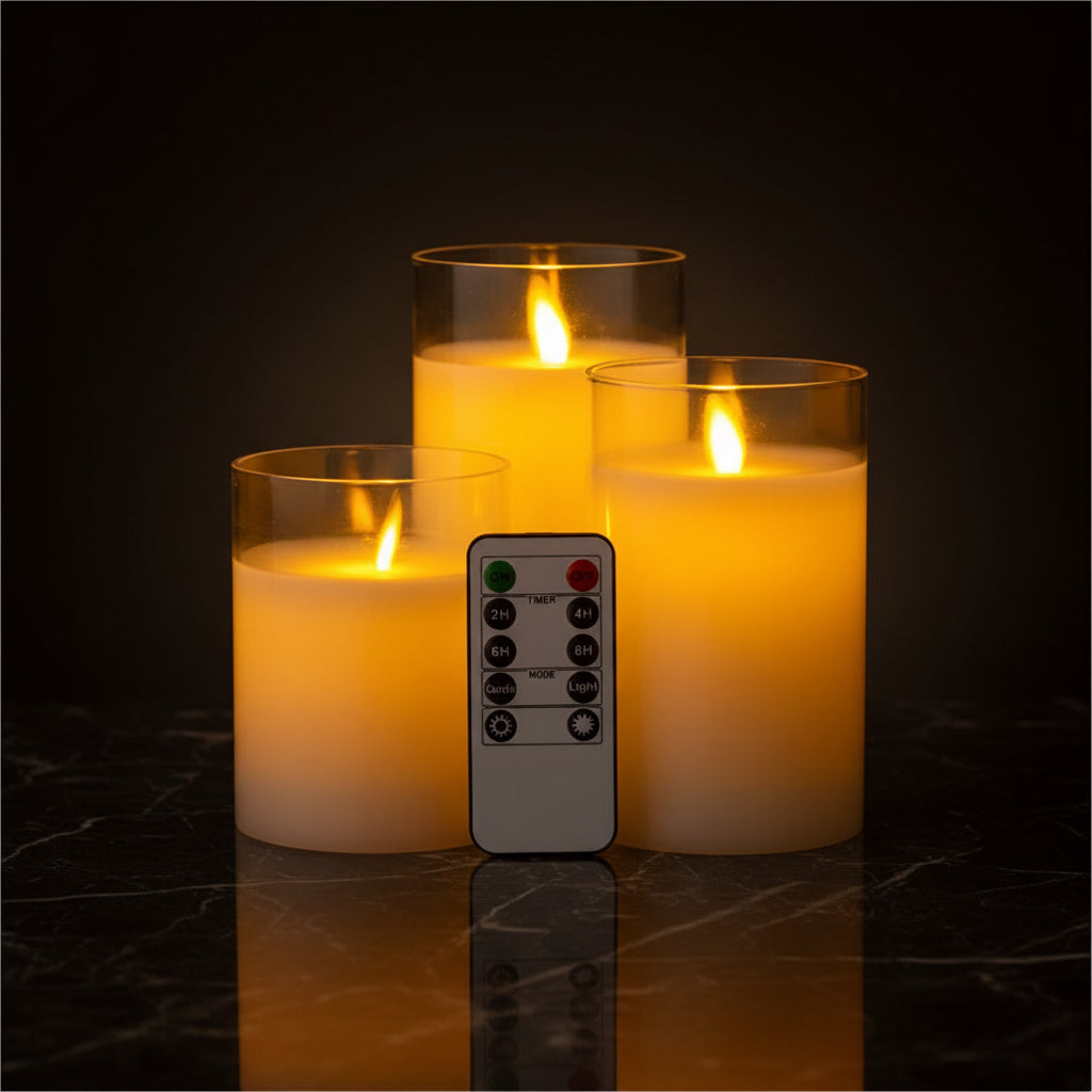 Set of three flameless candles with a remote control on a white background