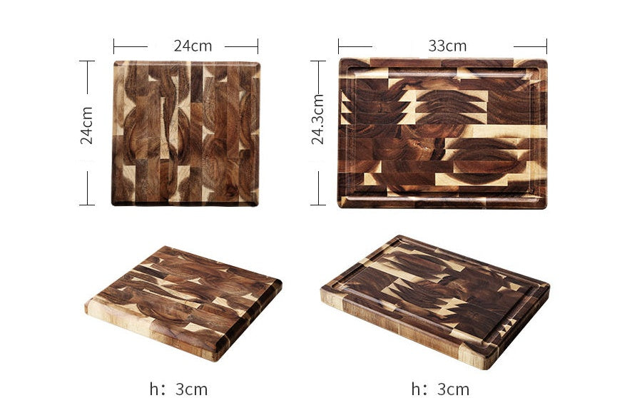 Set of wooden cutting boards with dimensions displayed
