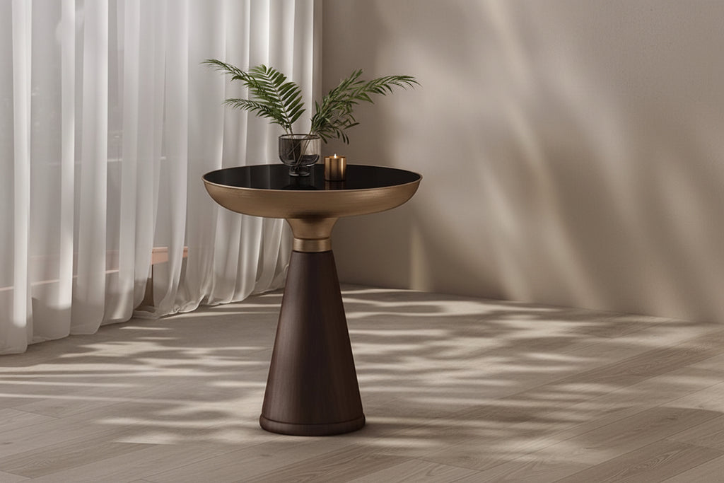 Modern side table with a plant in a room with light curtains