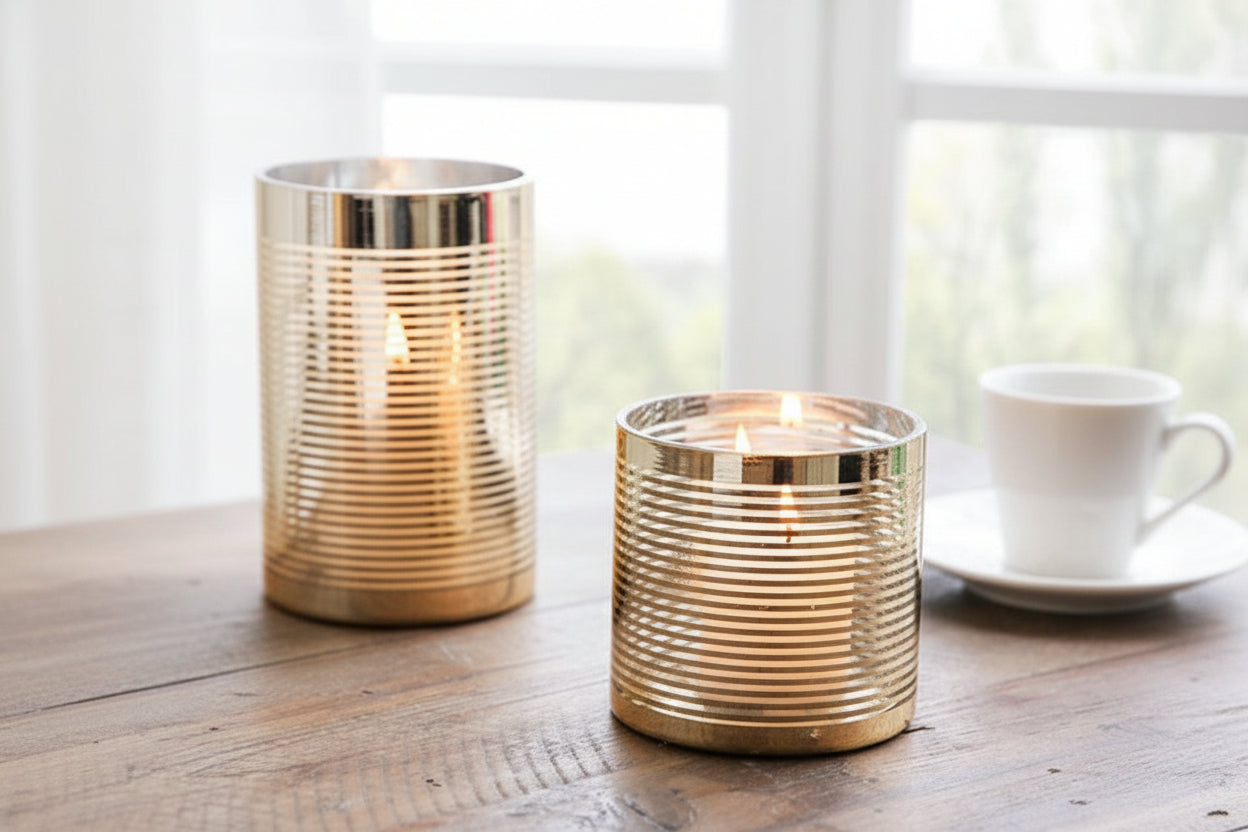 Two gold candle holders on a wooden surface with a blurred window background