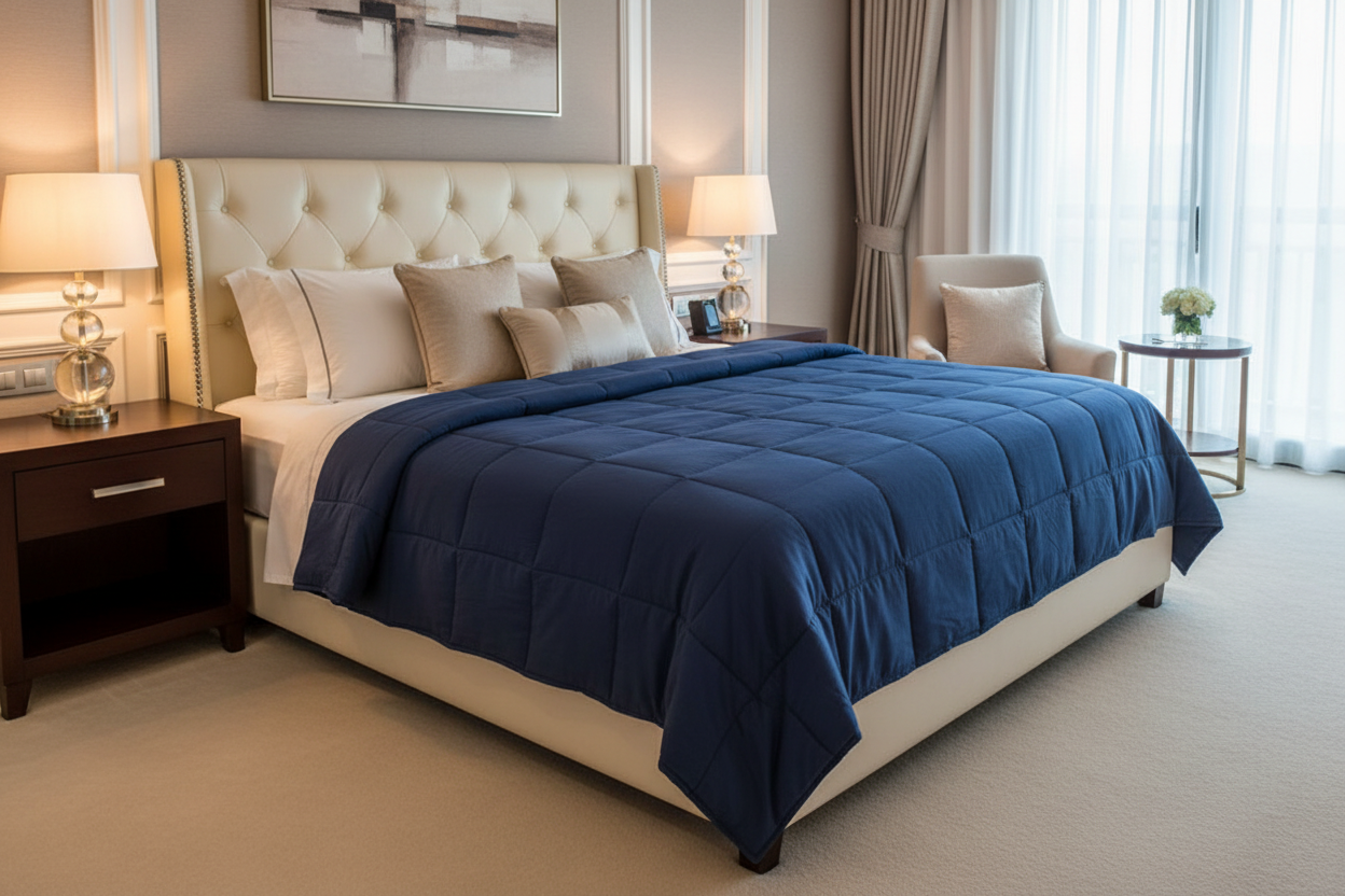 Bedroom with a bed featuring a blue comforter and beige pillows, surrounded by nightstands and lamps.