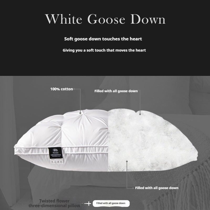 White goose down pillow with branding and product details on a dark background