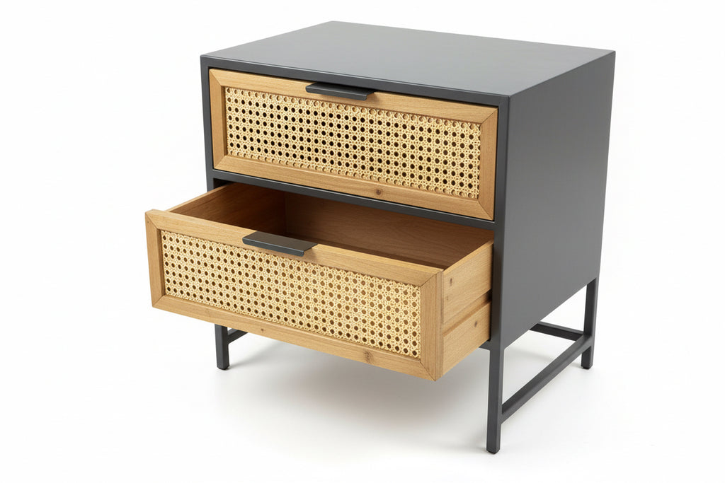 Two-drawer cabinet with rattan front panels on a white background