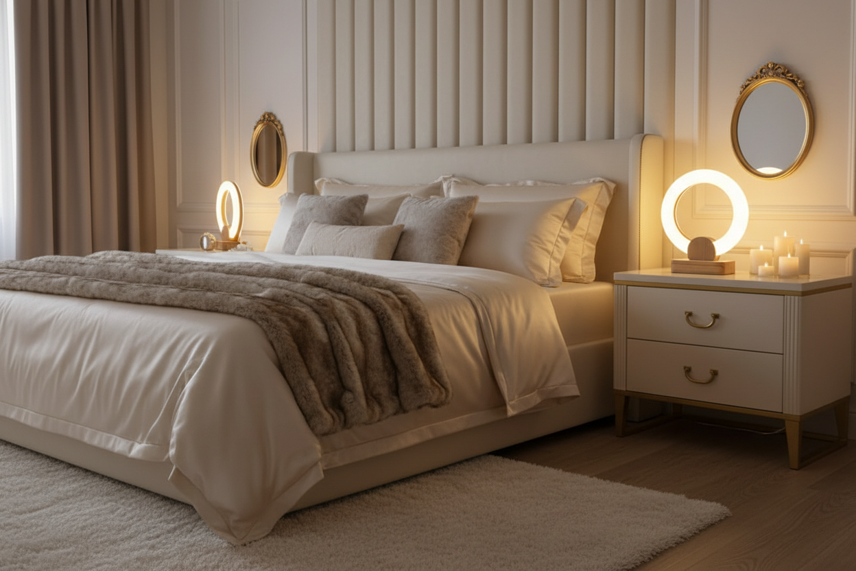 Modern table lamp with circular design on a wooden surface next to a plant