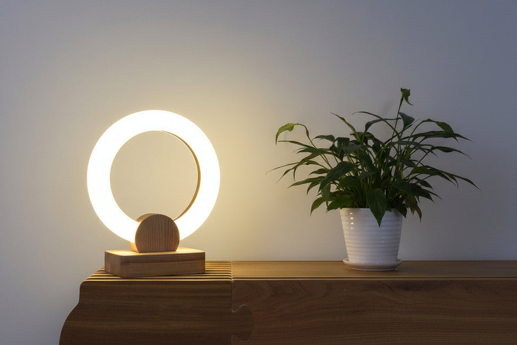 Round table lamp emitting a warm glow next to a potted plant on a wooden surface.