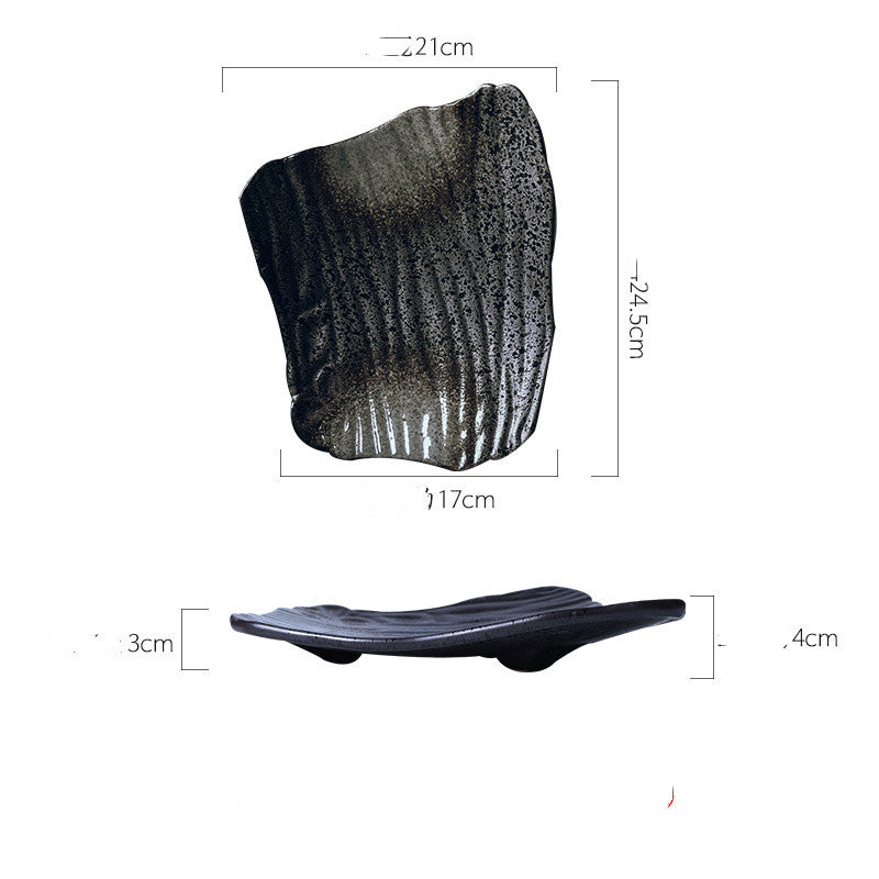 Black ceramic dish with dimensions on a white background