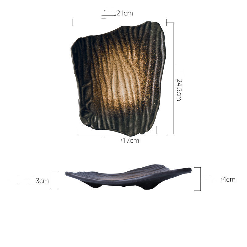 Ceramic dish with textured surface and measurements on a white background