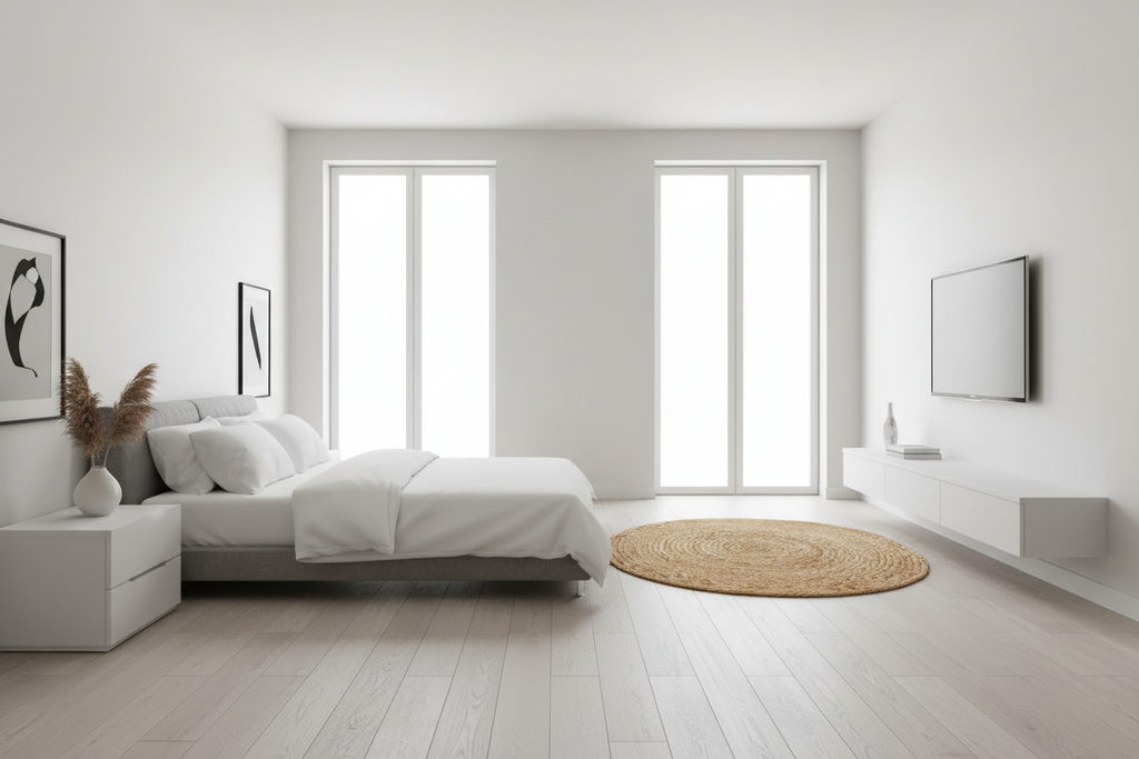 Modern bedroom with white walls, bed, and decor.