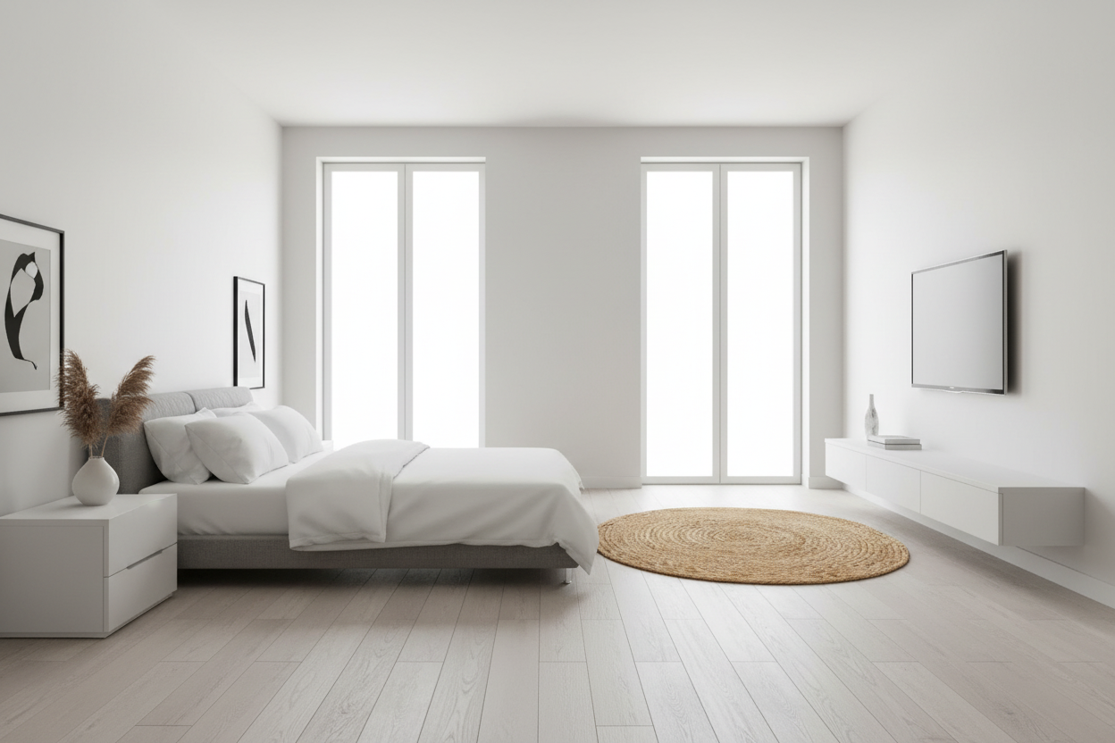 Modern bedroom with white walls, bed, and decor.