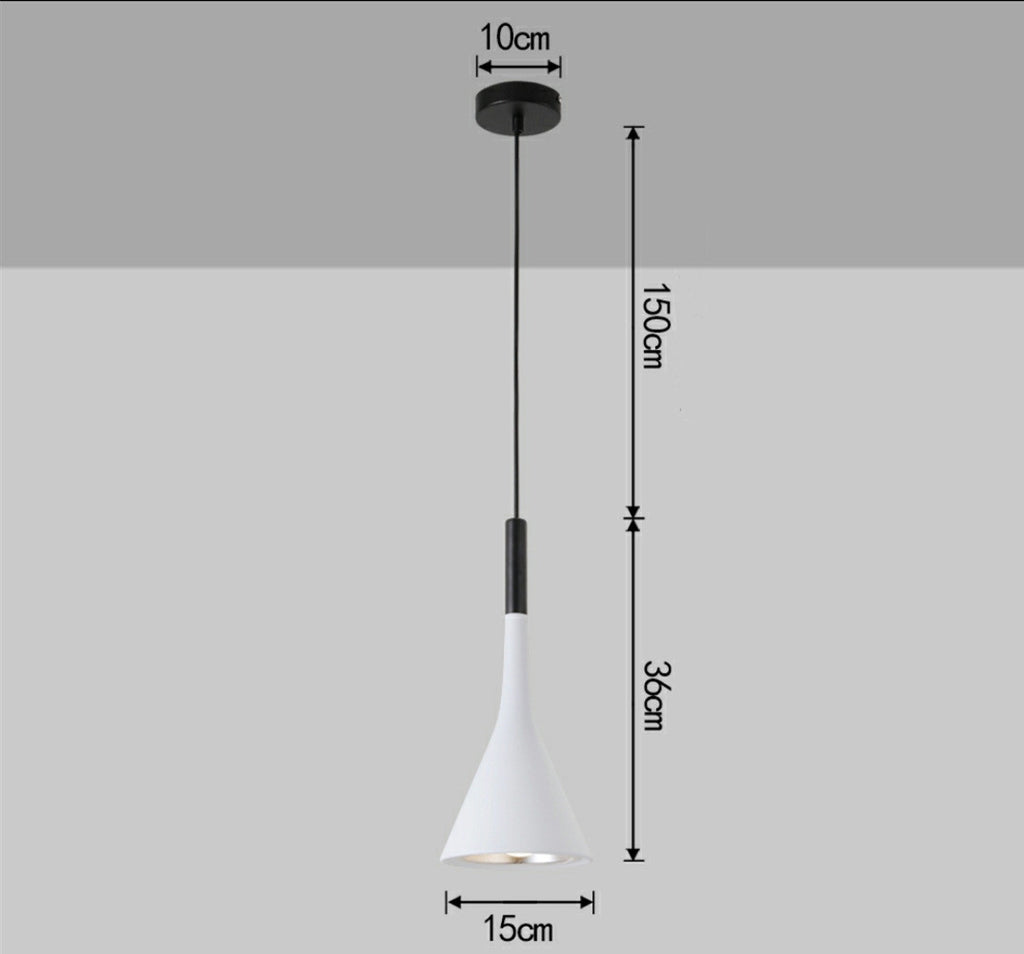 Pendant light with dimensions labeled on a gray background