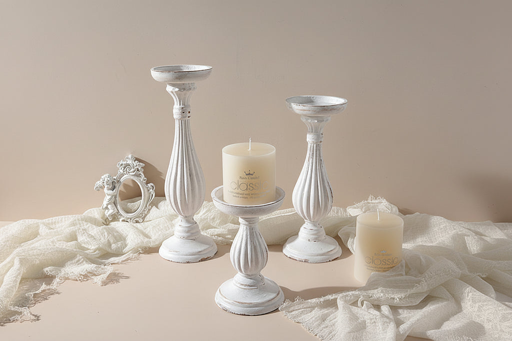 White candle holders with candles on a soft fabric background