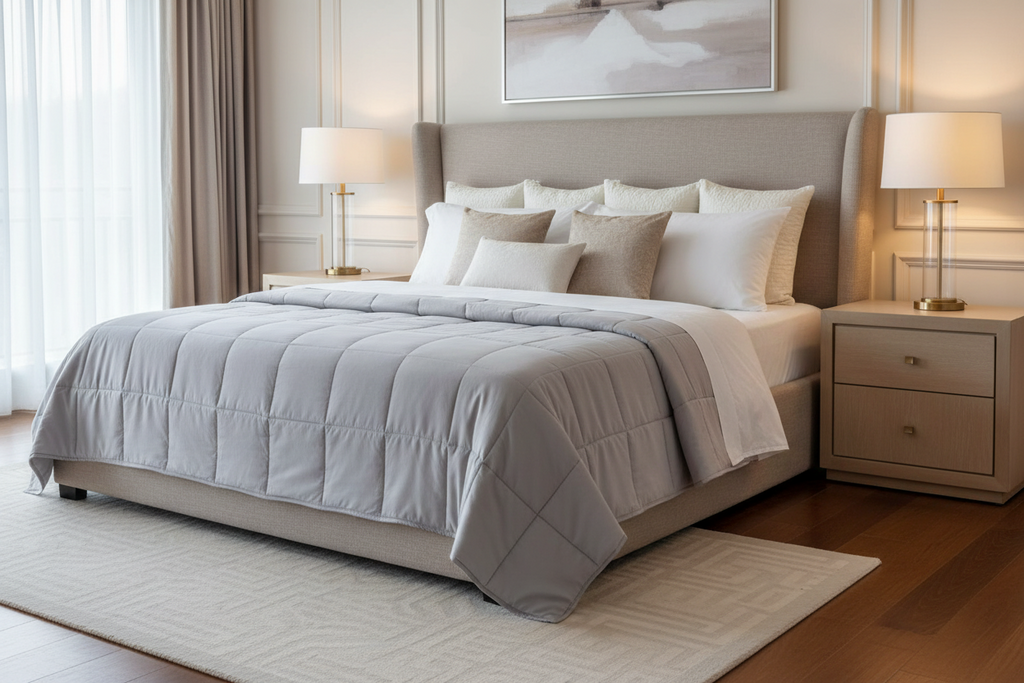 Neatly made bed with gray comforter in a bedroom setting.