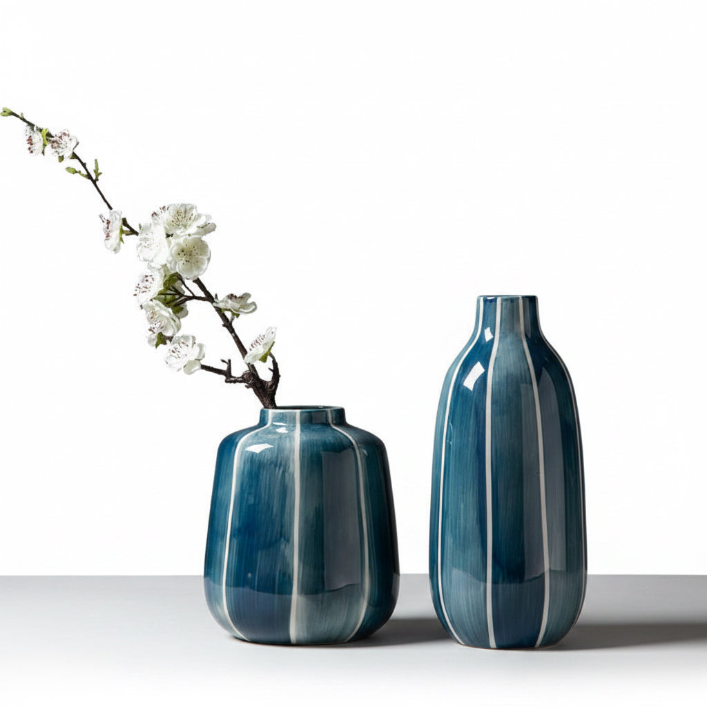 Two blue vases with a branch of white flowers on a white background