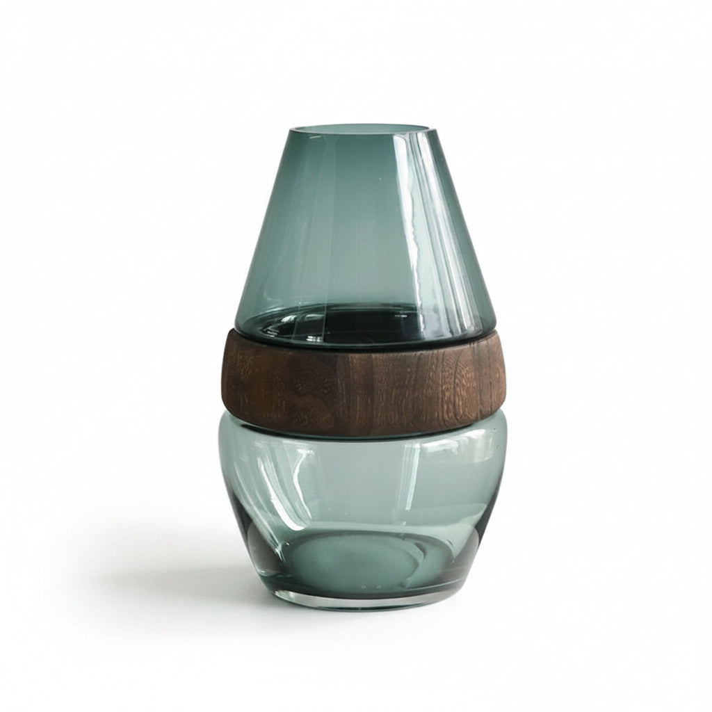 Glass container with wooden lid and measurements on a white background