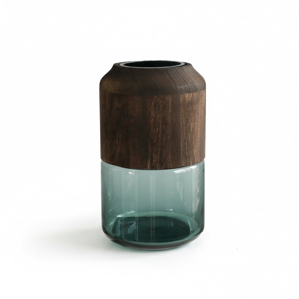 Vase with wooden top and green glass body, shown with measurements on a white background