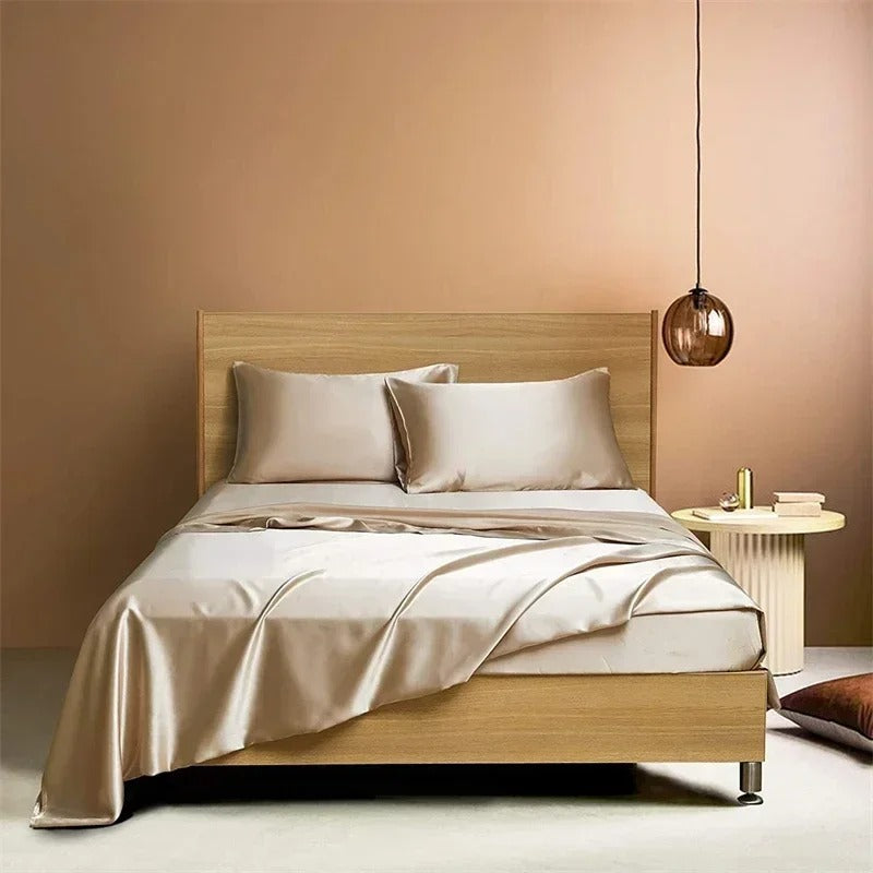 Bedroom with a wooden bed and beige walls
