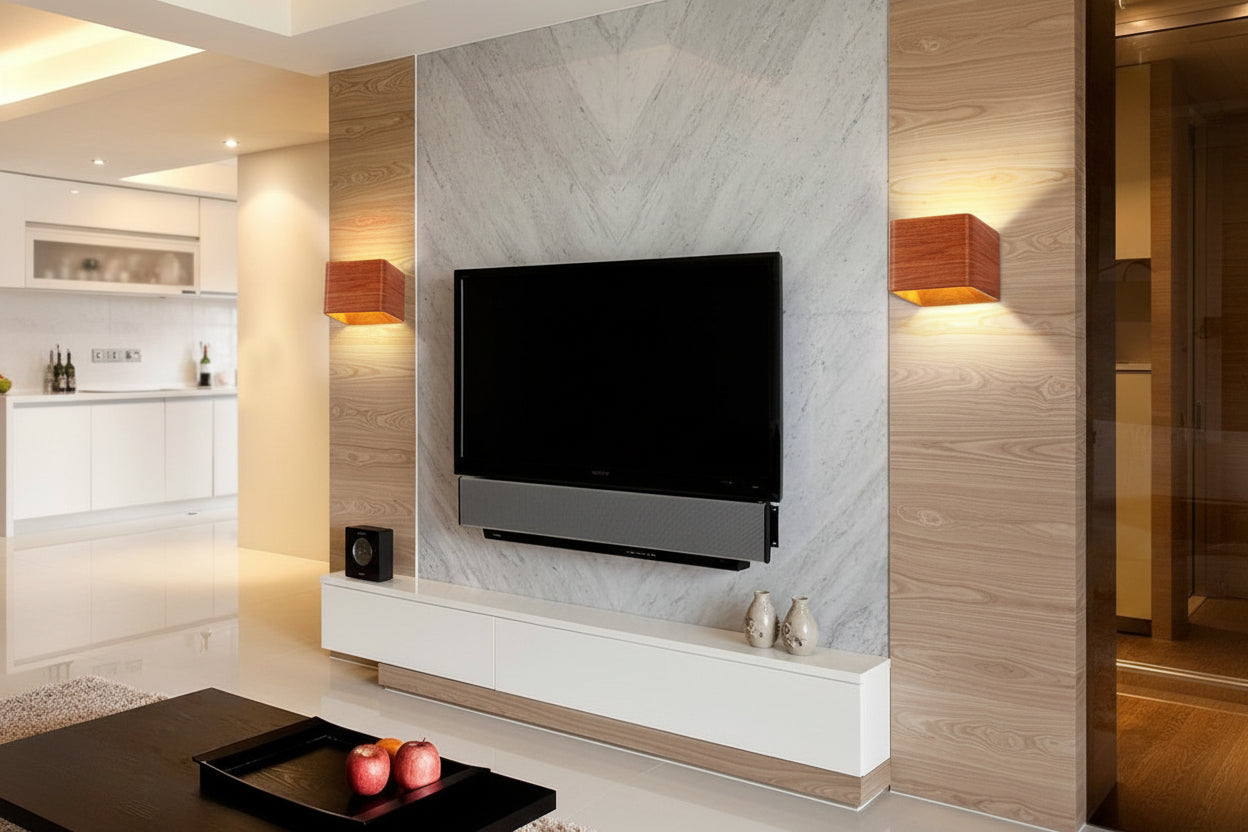 Modern living room with a television mounted on a decorative wall.