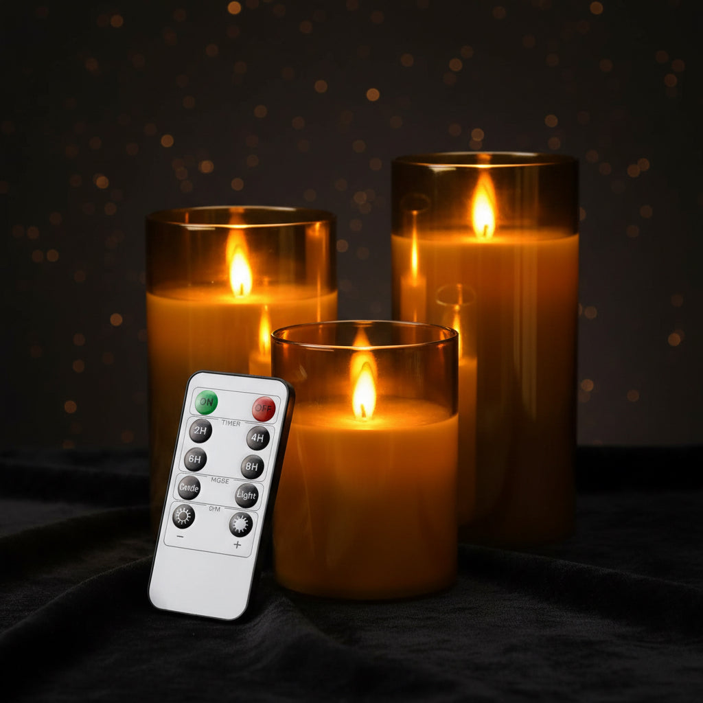 Set of three gold candle holders with lit candles and a remote control on a white background