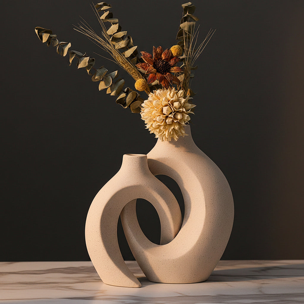 Decorative vase with floral arrangement on a dark green background