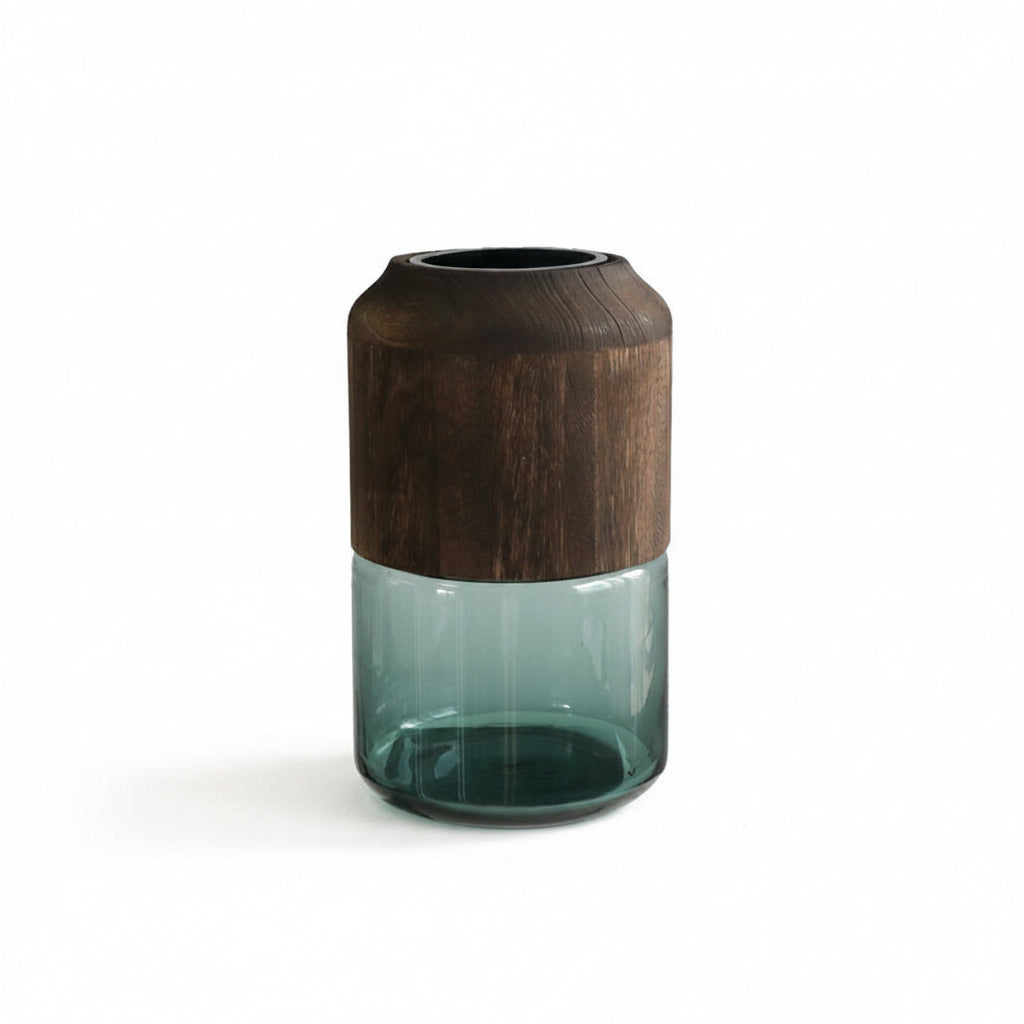 Vase with wooden top and glass body, showing measurements on a white background
