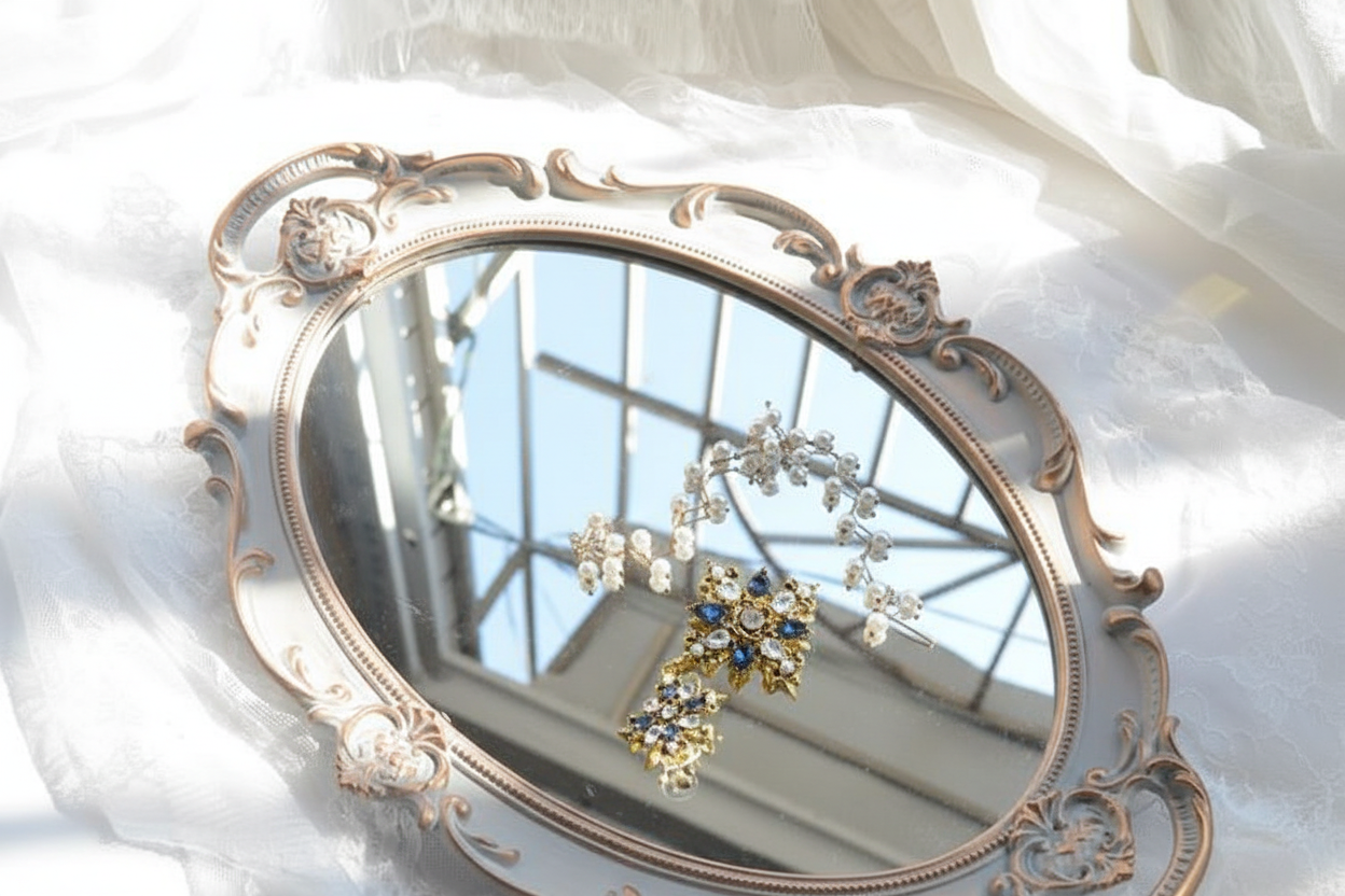 Decorative mirror with ornate frame reflecting jewelry on a white fabric background