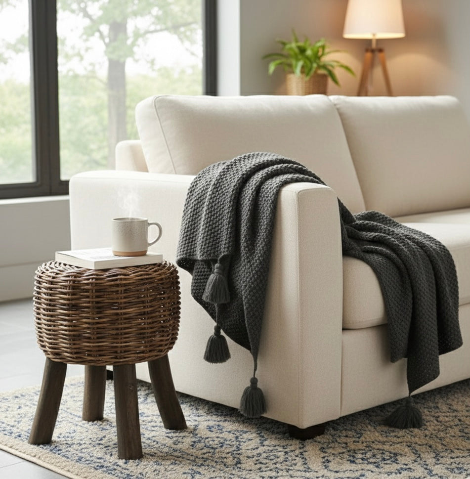Beige sofa with a dark gray throw blanket, wicker side table, and cup in a living room.