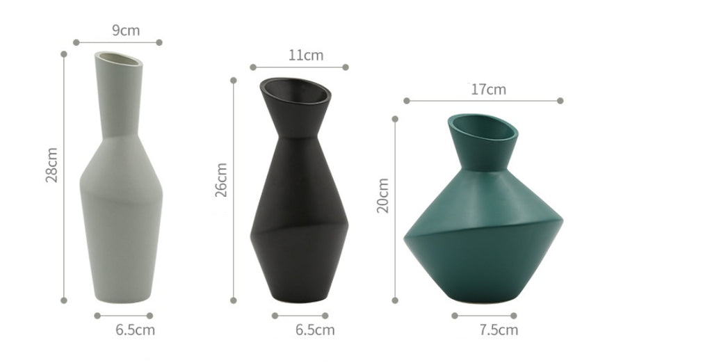 Three vases of different colors with their dimensions labeled.