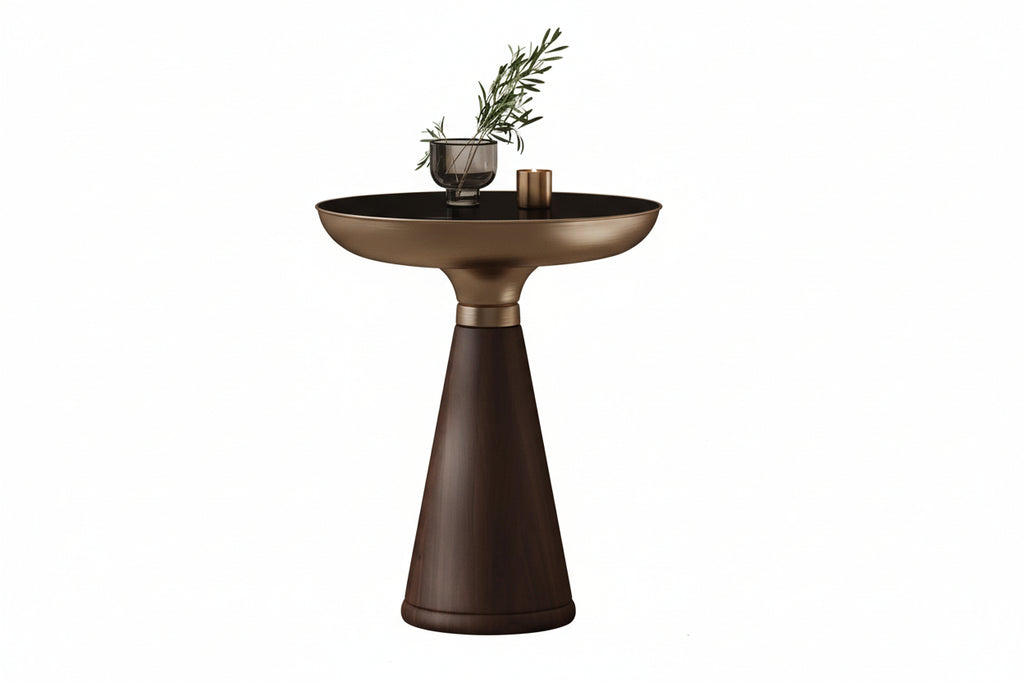 Bronze side table with a plant on a white background