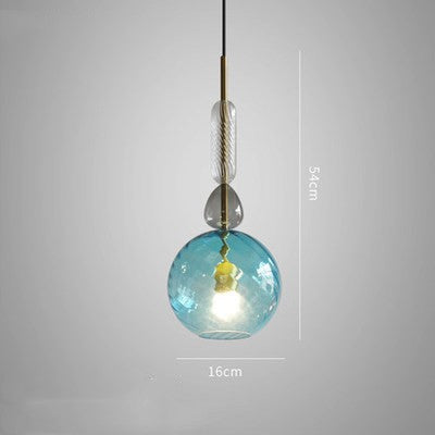 Blue glass pendant light with measurements on a gray background