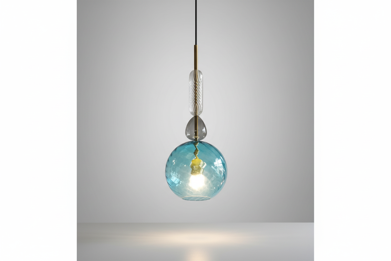 Modern pendant light with a blue glass shade on a gray background