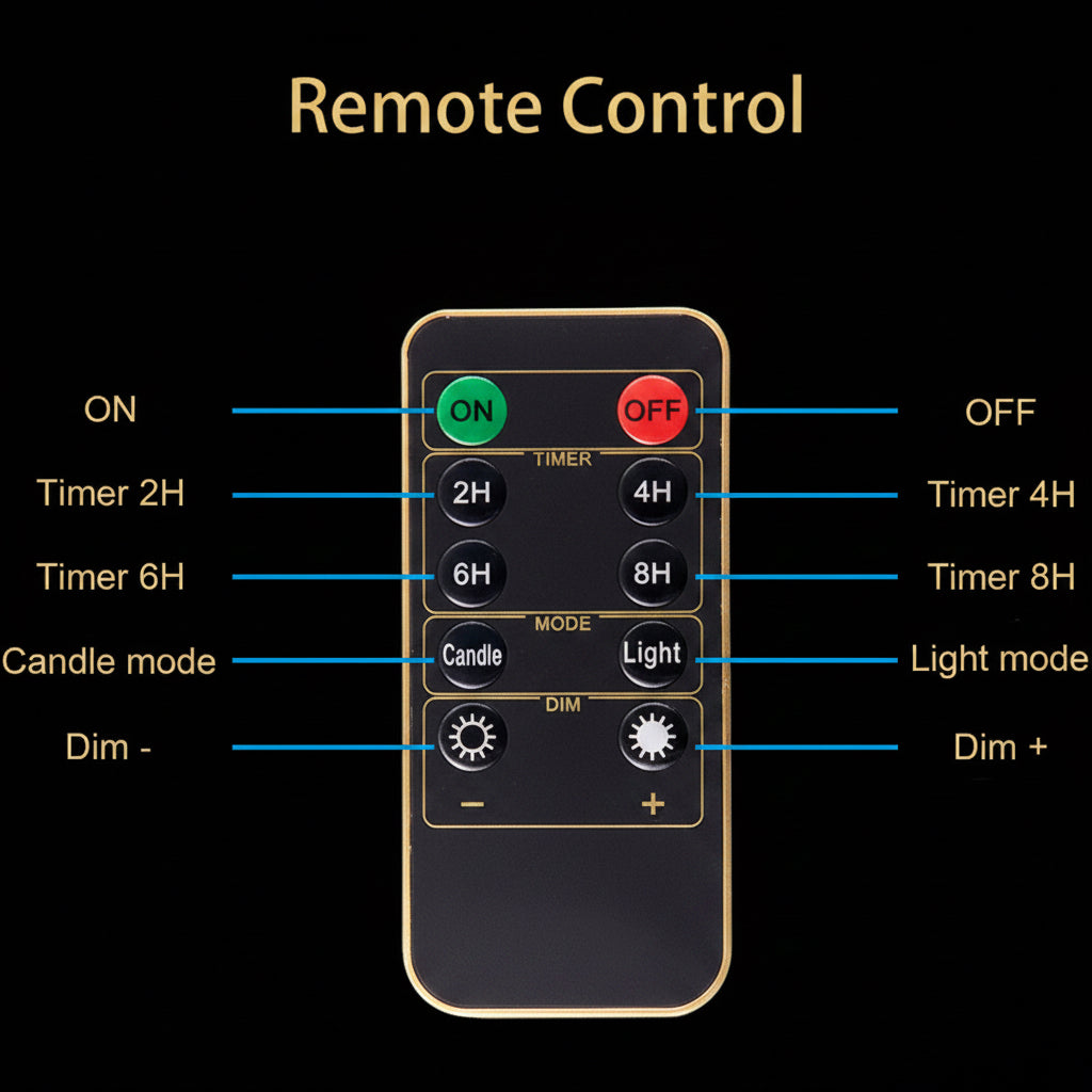 Remote control with labeled buttons on a white background