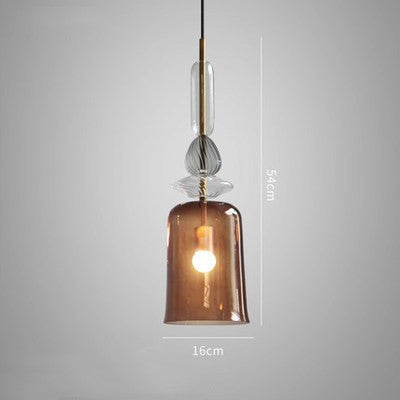 Glass pendant light with measurements on a gray background