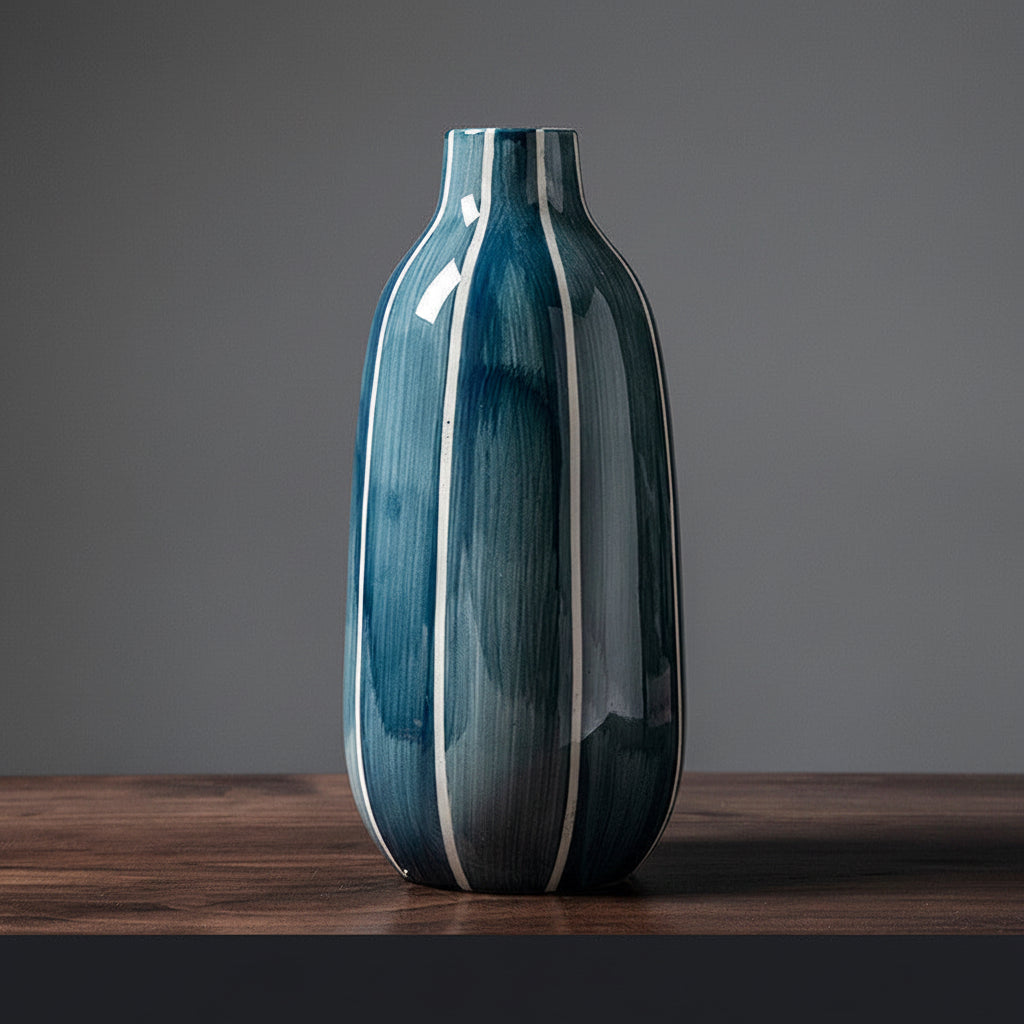 Blue ceramic vase with dimensions on a gray background