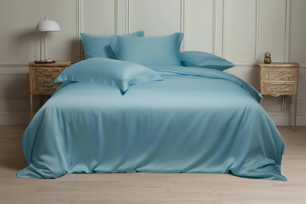 Blue bedding set on a bed in a bedroom with a lamp and nightstands.