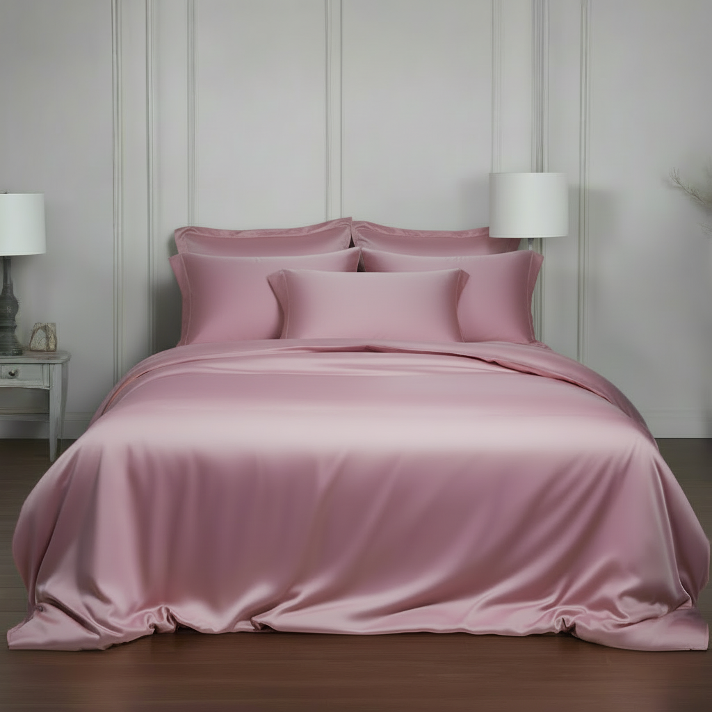 Pink satin bedding set on a bed in a bedroom with lamps and wallpaper.
