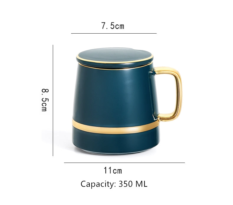 Teal mug with gold accents and dimensions on a white background