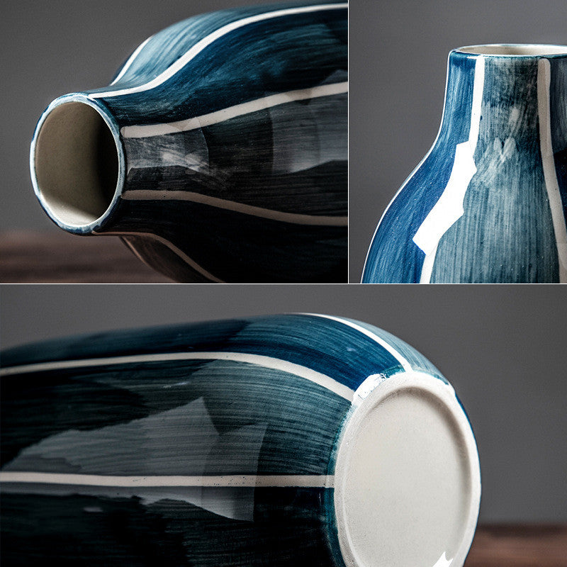 Collage of a blue ceramic vase with white accents on a dark background