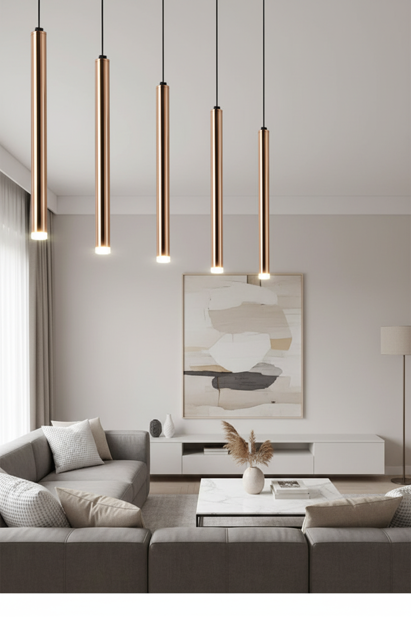 Modern living room with gray sofa, coffee table, and pendant lights.
