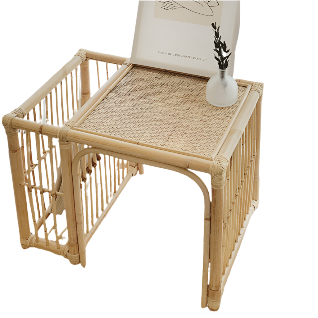 Rattan side table with a book and vase on a white background
