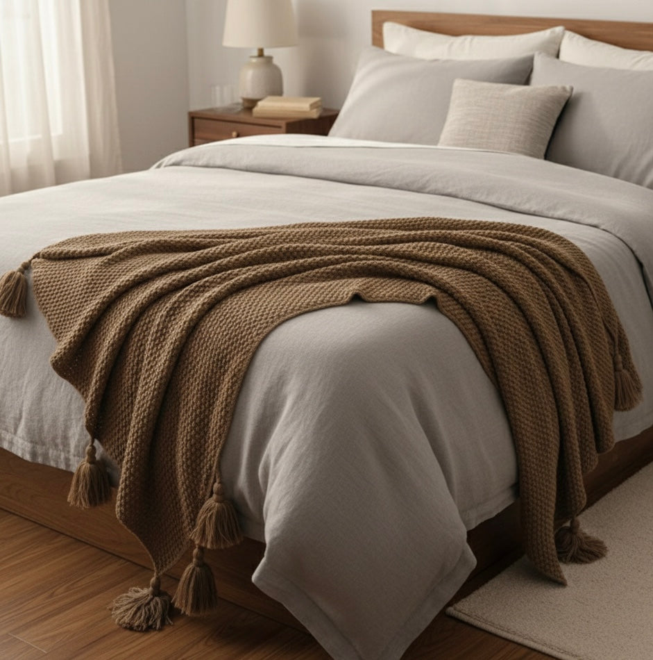 Bed with a Camel throw blanket, wicker side table with lamps in a bedroom 