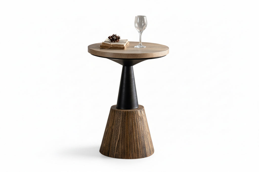 Wooden side table with a black base on a white background