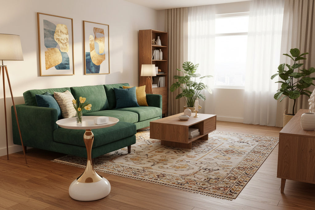 Modern living room with green sofa, wooden coffee table, and decorative elements.