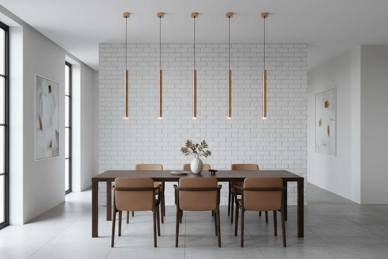 Modern dining room with wooden table and chairs against a white brick wall.