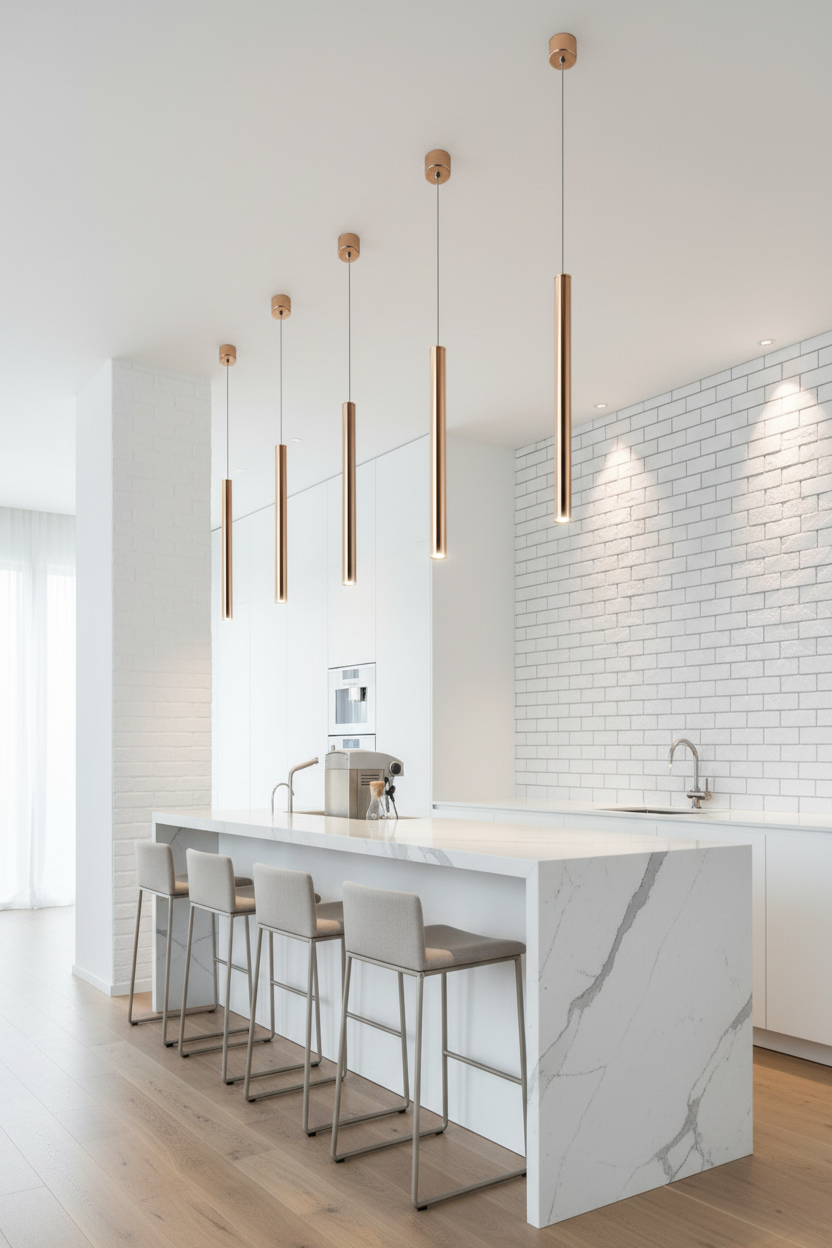 Modern kitchen with marble island, pendant lights, and stools.