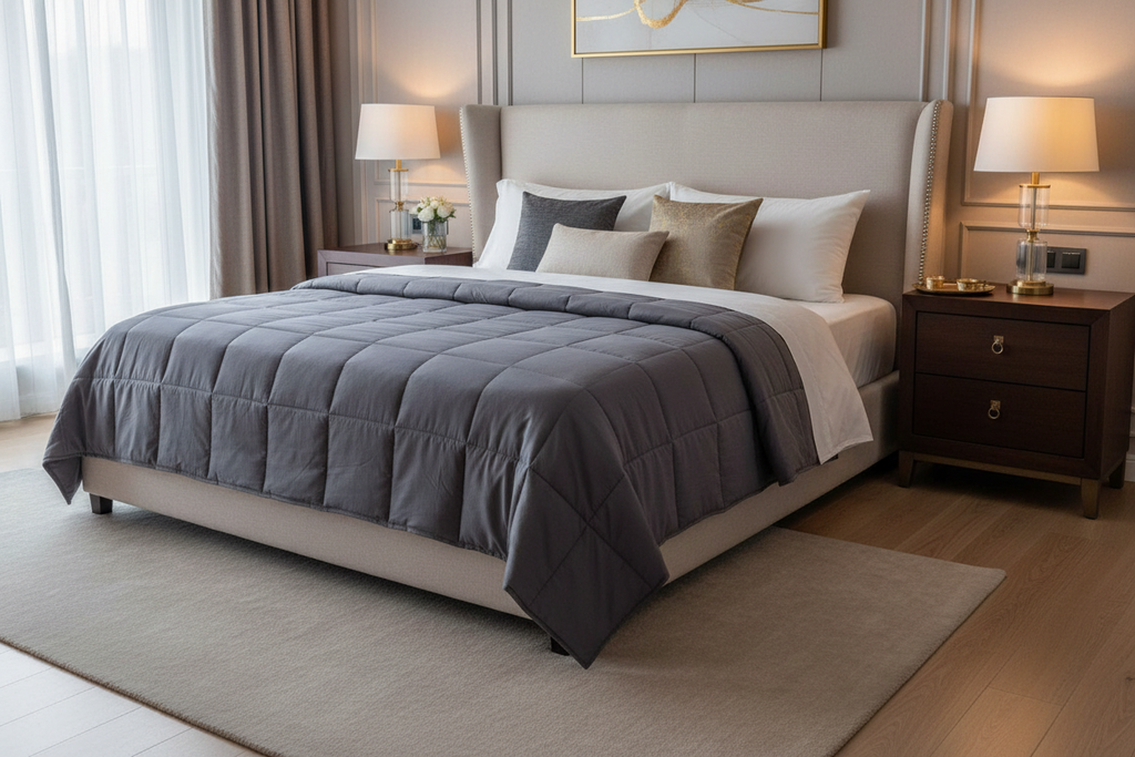 Neatly made bed with gray comforter in a well-lit bedroom.