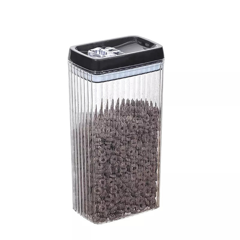 Clear container with black lid filled with gray nail files on a white background