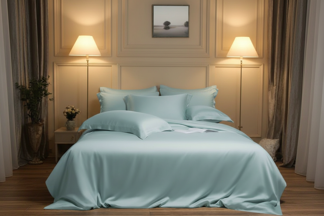 Bed with light blue bedding in a bedroom setting with wooden paneling and lamps.