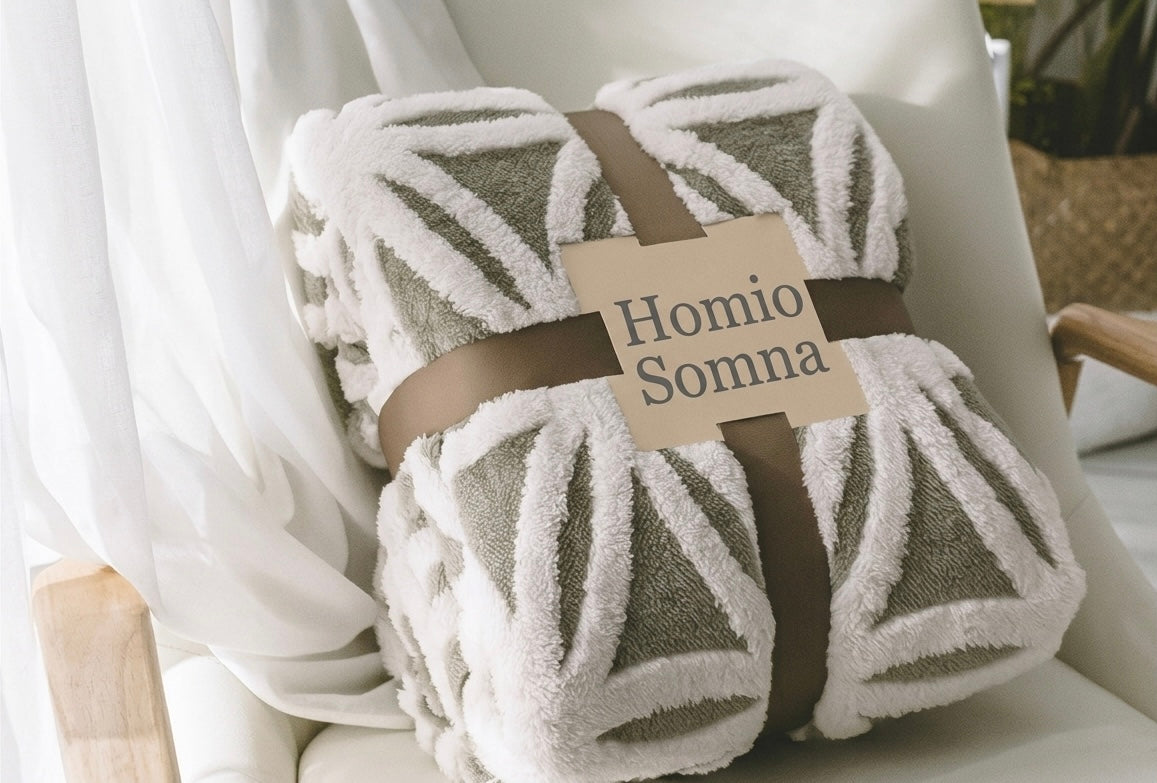 Folded blanket with 'Homio Somna' label on a chair